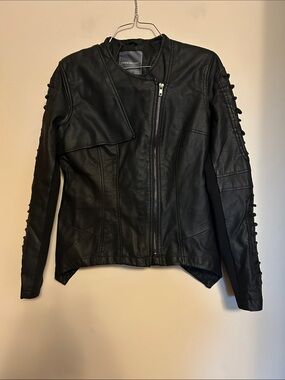 Kate & Mallory black leather look jacket zip front trimmed sleeves size S NWOT